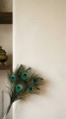 Bundle of peacock feathers against a minimalist interior wall.