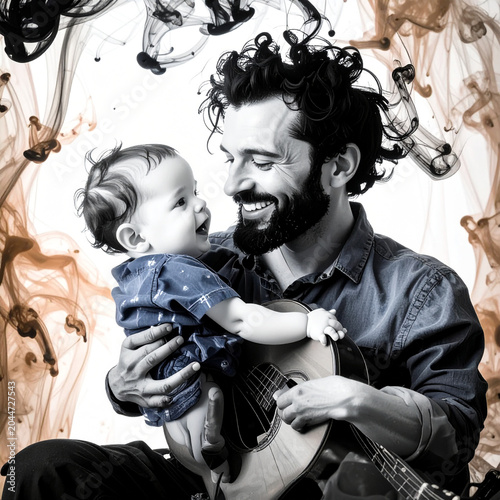 A father's stylized silhouette is shown in a relaxed but powerful pose carrying a child on shoulders, both laughing. From behind them, a massive watercolor explosion 