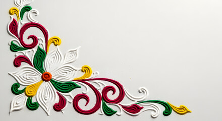 Colorful floral rangoli design element on white background.