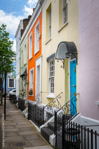London, England - 7 May 2023 - Photo showing the colorful houses of Notthing Hill district in London.