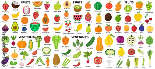 Big bundle with fruits and vegetables. Huge collection with strawberry, mango, watermelon, avocado, pumpkin, carrot and more. Complete food set in flat cartoon style. Vector illustration