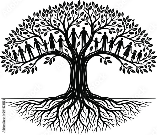 фотографія Family Tree Silhouette with Roots and People