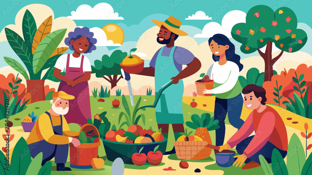 Fototapeta premium Huerto comunitario inclusivo con voluntarios diversos que plantan, riegan y cosechan verduras y flores en un espacio urbano sostenible.