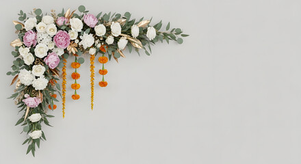 Floral corner arrangement with roses and eucalyptus on white background.