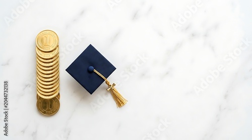 Graduation cap and gold coins representing academic success and financial achievement