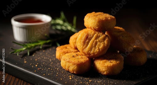Golden Fried Chicken Nuggets with Dipping Sauce on Dark Surface.