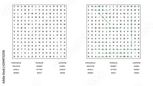 Animal word search puzzle with answer key