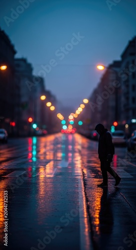 Silhouette of a Person Crossing a Wet Street at Dusk in a City.