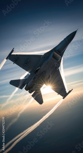 Spectacular Aerial View of a Modern Fighter Jet in Flight at Sunset.