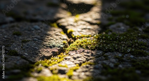 Sunlight Illuminates Moss and Stone Surface in Natural Environment.