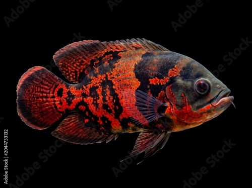 Red tiger oscar fish, isolated on black background