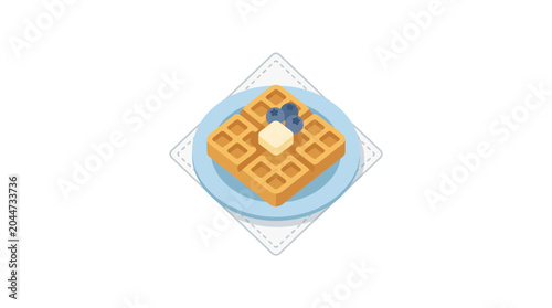 Foto Flat Vector Illustration of a Delicious Waffle with Butter and Blueberries