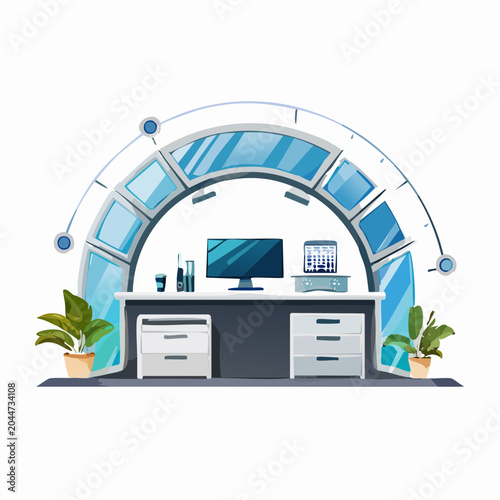 Modern reception desk setup with computer, office supplies, and decorative plants, symbolizing efficiency and welcoming environment