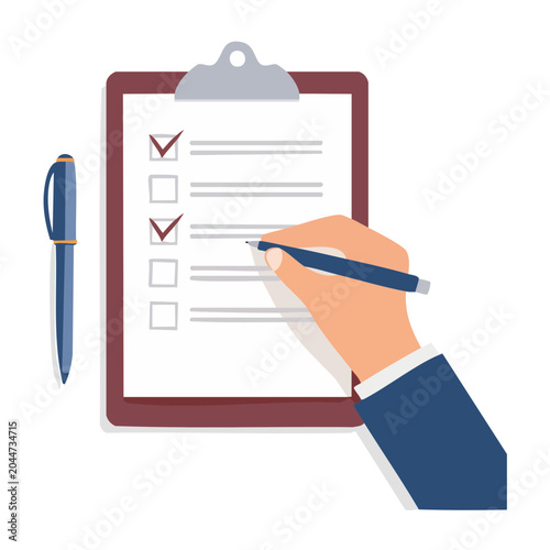 Hand writing on a clipboard checklist with pen
