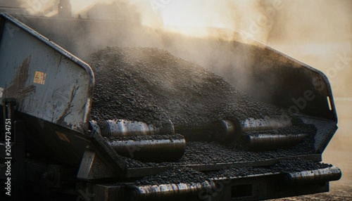 Slika na platnu A close-up view of an asphalt paver machine dumping hot, steaming black asphalt onto a road surface during a construction project