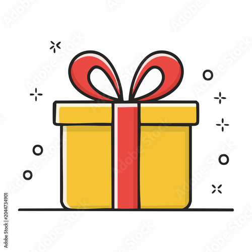 Yellow gift box with red ribbon and bow, flat icon