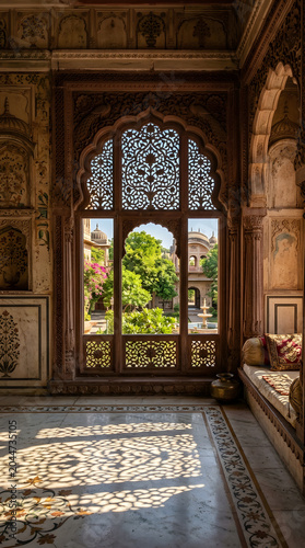 Intricate arched window view of an ornate Indian palace courtyard.