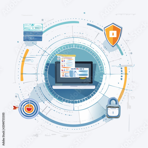 Digital security and data management concept. A laptop at the center, surrounded by icons for cybersecurity, information protection, and strategic analytics