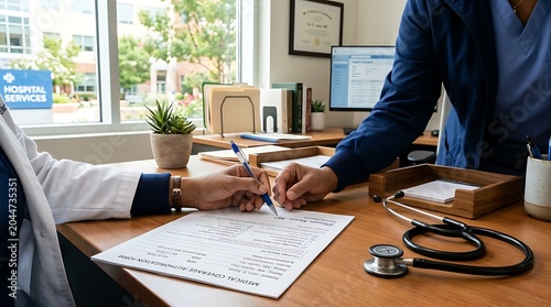 Doctor and Patient in Medical Office Signing Important Health Documents