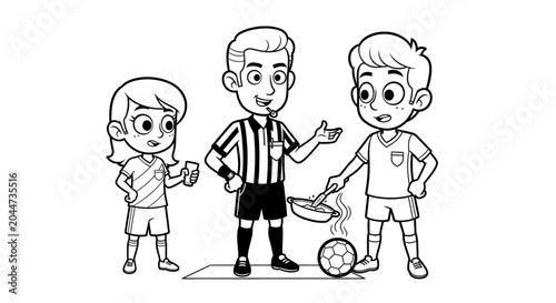 Cartoon Referee and Young Soccer Players Illustration.
