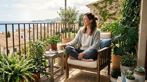 Serene Woman Enjoying Relaxing Moment on Balcony Surrounded by Lush Green Plants