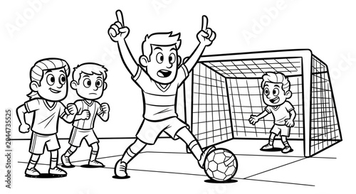 Jubilant young soccer player scoring a goal with teammates.