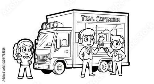 Cartoon team standing beside mobile office van illustration.