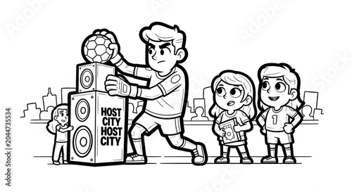Cartoon characters celebrating city pride with large speakers.