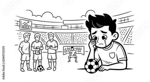 Sad young soccer player holding ball alone.