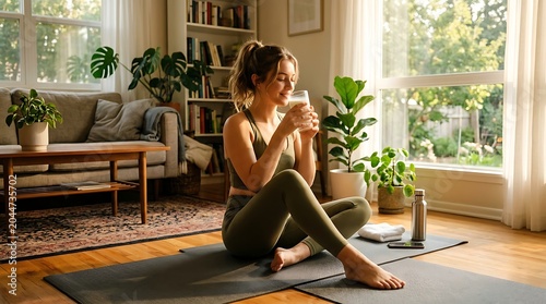 Young woman enjoying a warm beverage in a cozy living room during morning yoga session