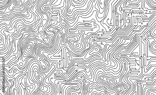 Seamless Topographic Map and Circuit Board Monoline Background Pattern