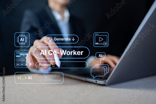 Photos AI Co-Worker Concept with Businessman Prompting and Generating Content on Laptop