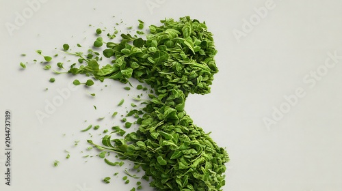A creative arrangement of green leaves shaped into a silhouette, suggesting movement and vitality, set against a light background.