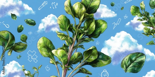 A vibrant illustration of green leaves against a blue sky with clouds, featuring various playful icons, suggesting themes of nature and vitality.