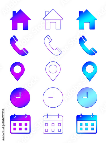 Vibrant Purple and Blue Gradient Business Contact Icon Set Featuring Home, Phone, Location Pin, Clock, and Calendar Designs in Linear and Filled Styles