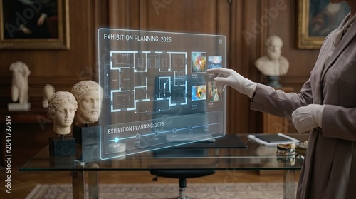 Art curator's hand organizing holographic gallery layouts and digital artwork archives, Gen by AI