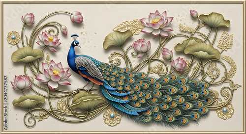 Ornate 3D relief carving of a peacock among lotus flowers.