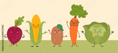 Vegetable character boder frame. Set of five cute farm food mascots in a row: beet, cabbage, carrot, potato, and corn for vegetarian menu, cooking recipe and children design.