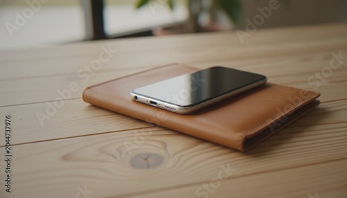 Canvastavla A close-up shot of a smartphone resting on top of a brown leather notebook or folder, placed on a light-colored wooden table