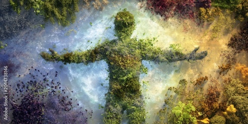 A vibrant silhouette made of leaves and plants, symbolizing harmony with nature, surrounded by colorful flora.