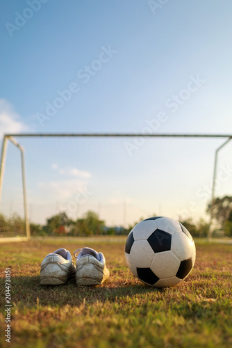 Vertical shot of a classic soccer ball and white football boots on green grass against a clear blue sky, sports background with copy space.