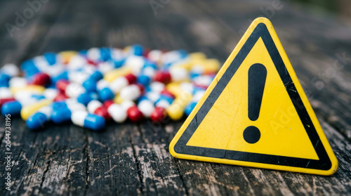 Warning sign with medical pills on wooden background, yellow exclamation mark alert for pharmaceutical danger, drug overdose risk and medication safety