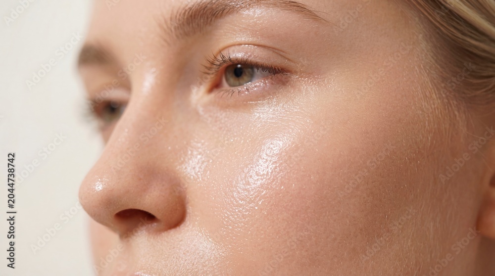 Fototapeta premium Woman face with glowing healthy skin. Close up portrait of girl with natural beauty and radiant complexion. Skincare product effect and dermatologist medical treatment concept.