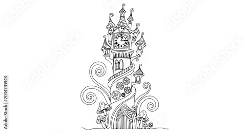 Φωτογραφία Whimsical Clock Tower Castle Drawing with Swirls and Mushrooms