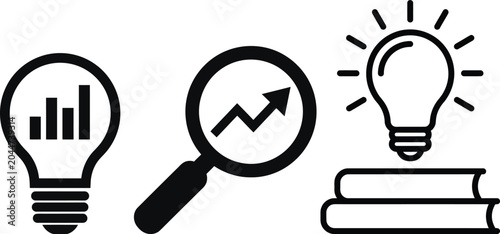 Business analytics and creative idea icon set vector illustration, line art light bulb with financial graph and magnifying glass growth chart, knowledge and education concept