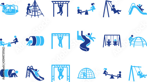Children playing on playground equipment carousel slide swing climbing dome fun activities.