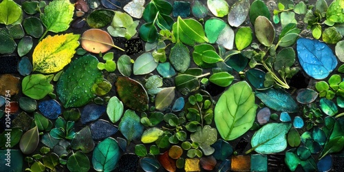A vibrant collage of various leaves and plants, showcasing an array of greens, textures, and shapes, creating a natural and organic aesthetic.