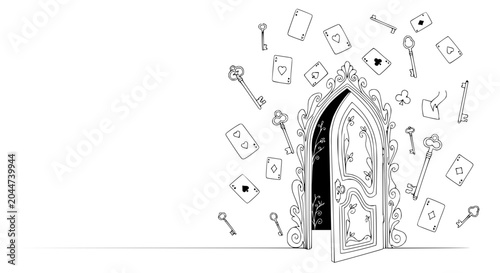 Whimsical Open Door with Falling Playing Cards and Keys, Fantasy Illustration