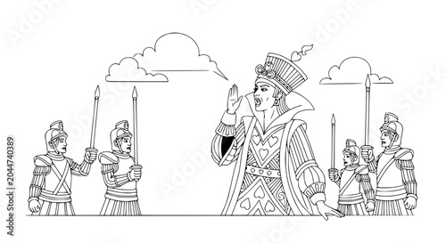 Foto Queen of Hearts commanding royal guards, playing card illustration, fantasy stor