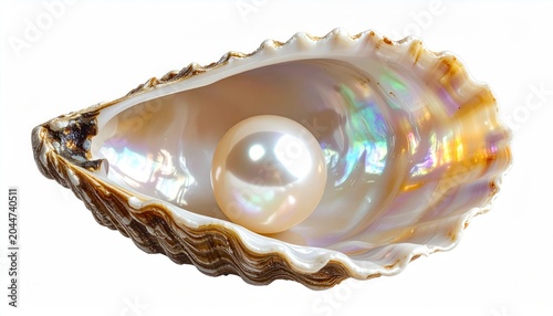 A lustrous pearl rests in a shimmering, iridescent seashell on a white background